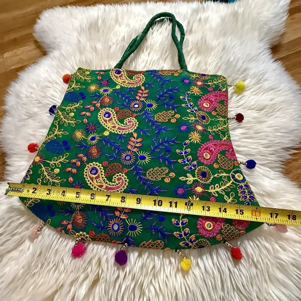 Artisan Boho Colorful Embroidered Silk Felted Floral Paisley Tote Shopping Bag